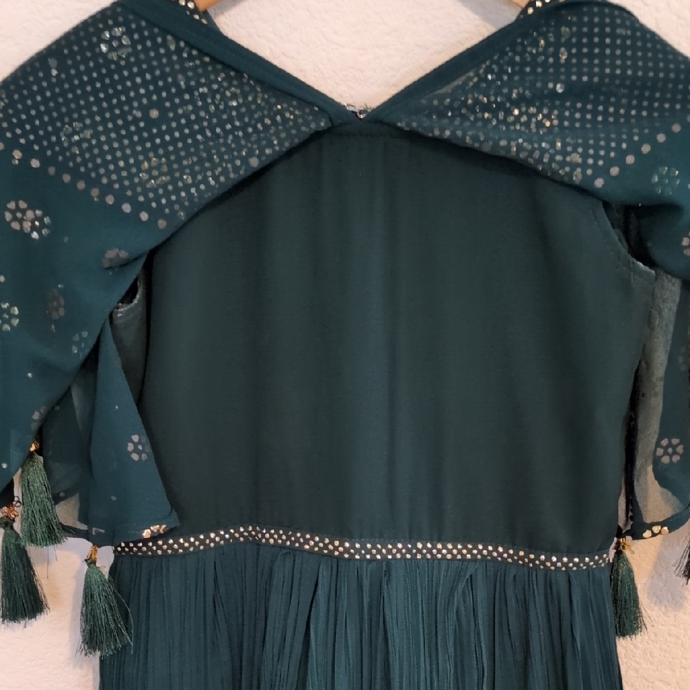 Formal Dress: Deep Green w/Gold Embellishments & Flowy Cape on Modest Sleeveless - Picture 3 of 16